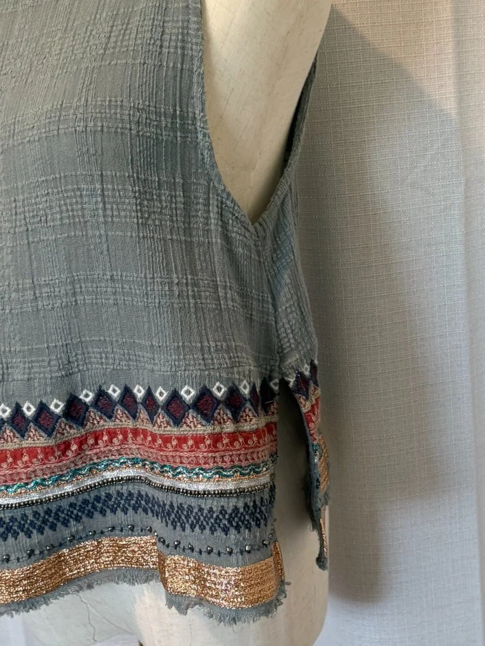 Ecote Boho Embellished Cotton Tank - Green & Gold Festival Top S - Picture 3 of 10